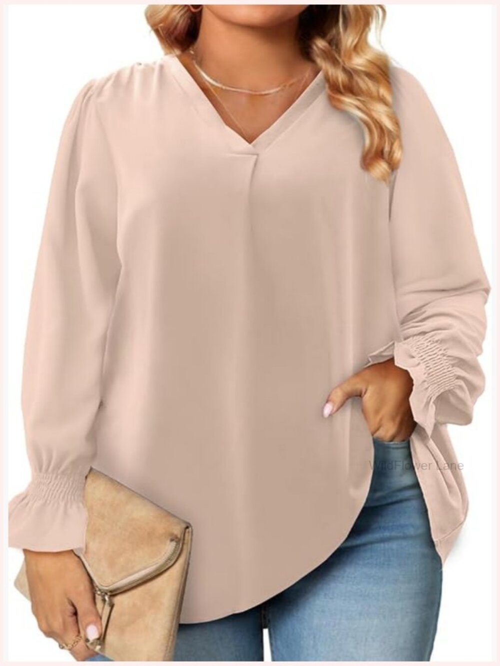 Plus Size V Neck Smocked Long Sleeve Blouse Loose Casual Work Top